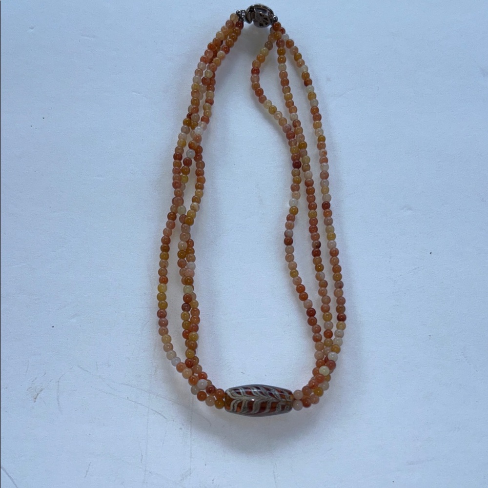 Carnelian Moss Agate Elegant Multi-Strand Beaded Necklace Sterling Silver Clasp